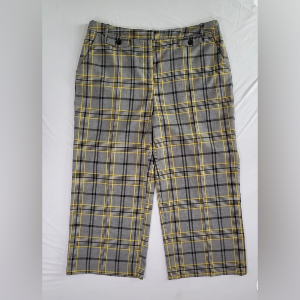 Ellen Tracy Ankle Dress Pants Wide Leg Womens Size 14 Pockets Plaid Gray